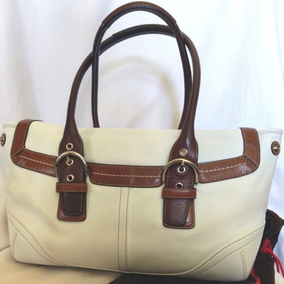 Coach Vintage Soho Leather Flap East/West Satchel in White & Saddle, EUC - Picture 13 of 16
